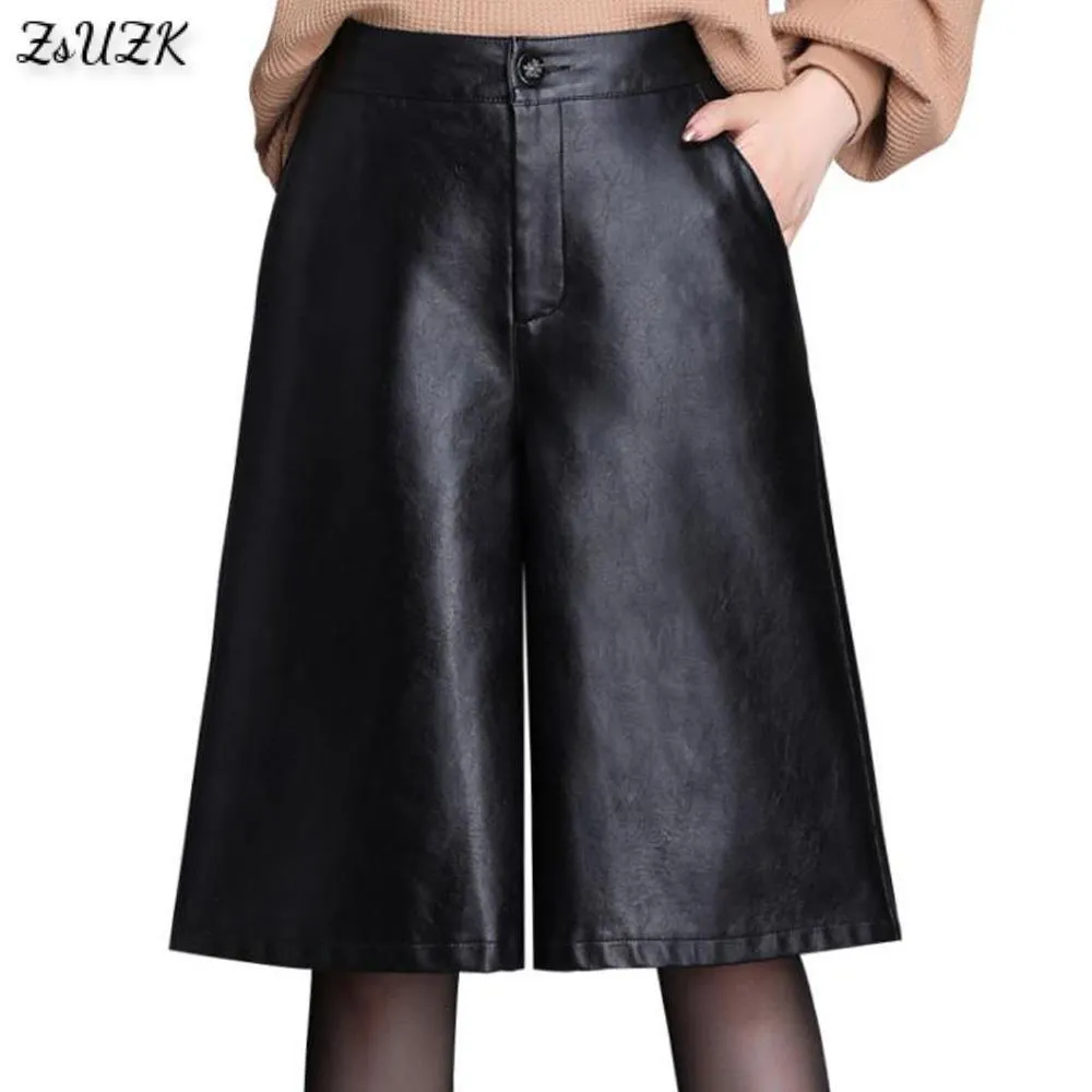 Dames shorts Black Pu Leather Bermuda shorts voor vrouwen losse lange shorts motorfiets punk hoge taille knie lengte Bermuda femme 230417