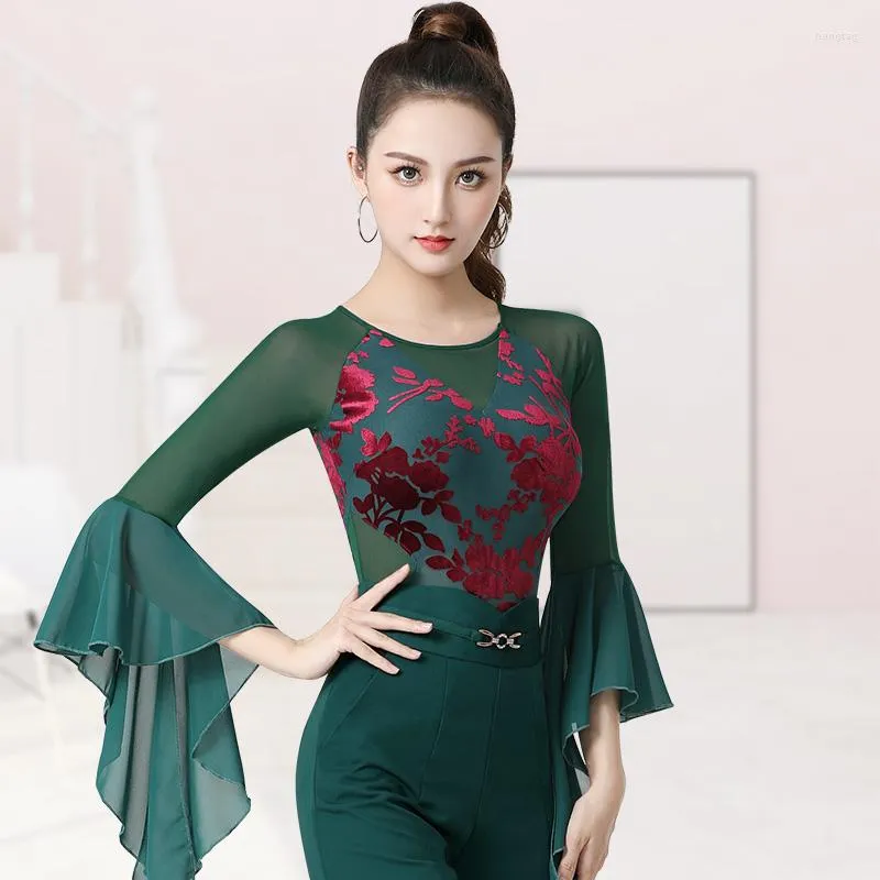 Stage Draag Latin Dance Bodysuit Mesh Sleeve Sexy Ballroom Peformance Cleren Cha Flower Dancewear ZY65