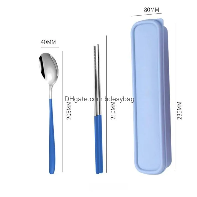 Flatware Sets Cutlery Set Travel Portable Box Flatware Stainless Steel Spoons Chopsticks Dinnerware Sets Kitchen Tableware Drop Delive Dhntk