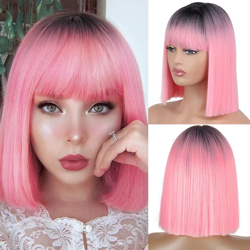 Parrucche sintetiche Azqueen Bob Short Straight with Bangs for Women Black Pink Party Daily Usa Lunghezza spalla 230417