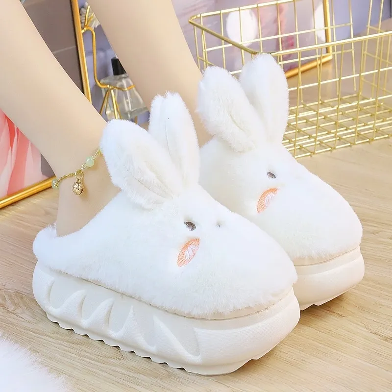 Slippers White Rabbit Hare Slippers Women's Cute Animal Platform Home Mules Shoes Girls Bedroom Plush Slides Slipper Ears Indoor Shoes 230418