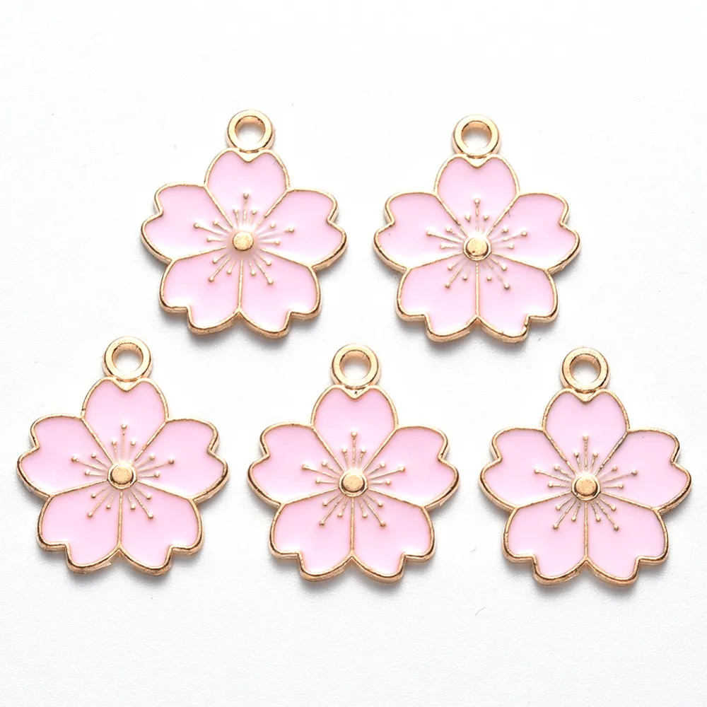 10st Pink Sakura Flower Charms Alloy Emamel Pendants Charms för smycken tillverkning örhängen halsband nyckelkedjor smycken tillbehör mode smyckencharms emalj