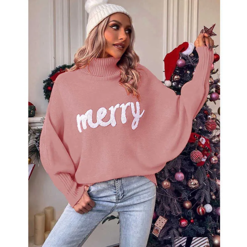 Camisetas de punto para mujer Suéter navideño de cuello alto para ropa de mujer Otoño e invierno Mangas de murciélago holgadas con una chaqueta tipo suéter 1x