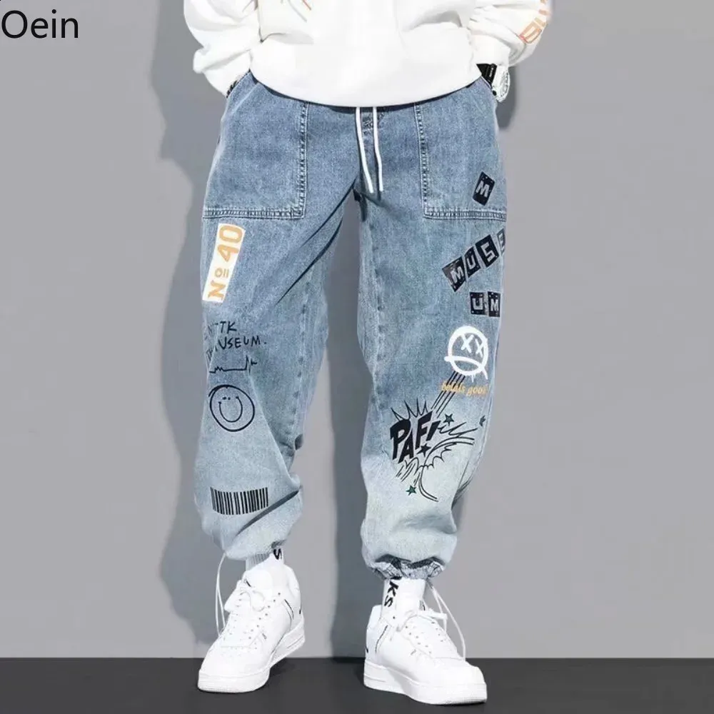 Jeans pour hommes Hommes Adolescents Graffiti Imprimer Jeans Lâche Ajusté Dessin Animé Cordon Denim Pantalon 231118