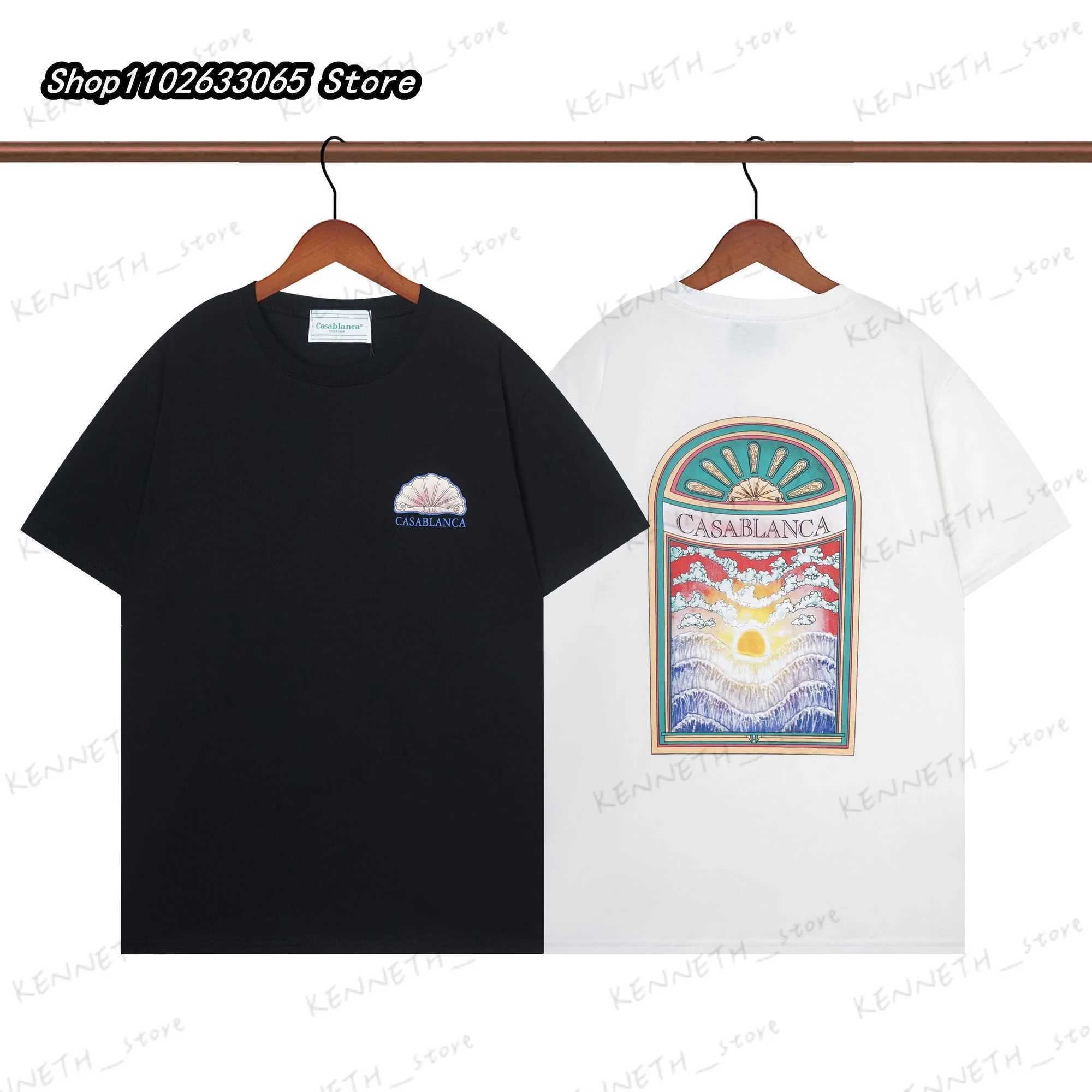 メンズTシャツカサブランカ2023新しいフロントシェルプリントバックインクペインティングアルファベットプリントストリートTシャツカジュアルファッション快適なトップTシャツT230419