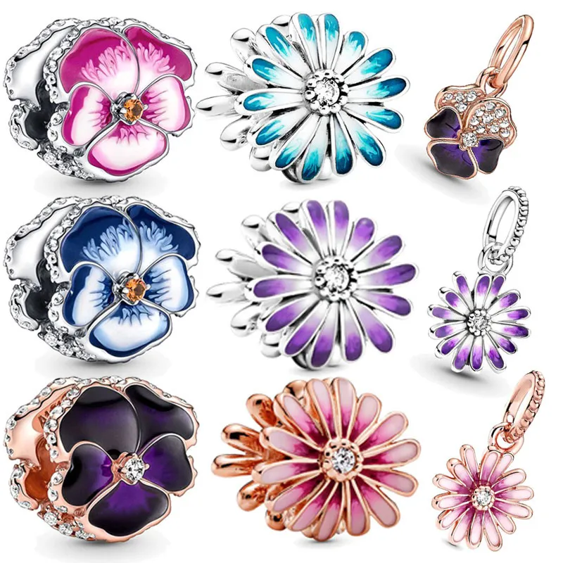 2023 925 Sterling Silver Clover Beads Daisy Purple Clip Collection Charm Fit Original Pandora Bracelet Women Jewelry Gift DIY