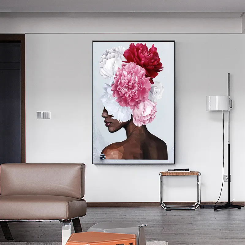 Dipinto su tela Testa di donna in stile nordico con fiori Poster e stampe moderni Immagine di arte della parete per soggiorno Decorazioni per la casa