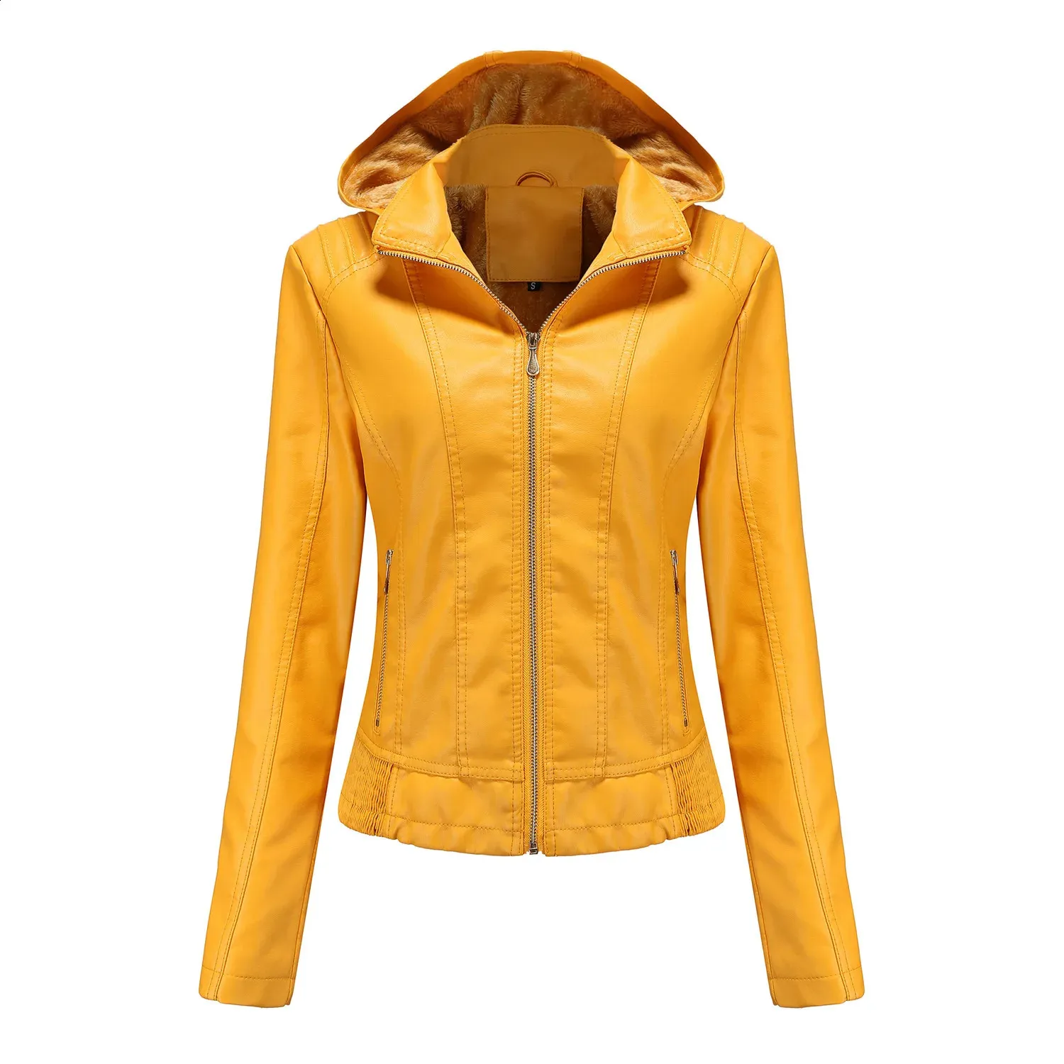 Giacca da donna in pelle ecopelle autunno e inverno Giacca in pelle con cappuccio Cappello rimovibile da donna Cerniera Cappotto sottile in pelle PU caldo velluto a maniche lunghe S-3XL 231118