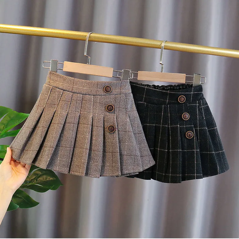 Skirts Kids Girls Pleated Skirts Woolen Plaid Skirts Arrival Children Princess Coffee Black Skirts School Wear Clothes 3-16Y 230419