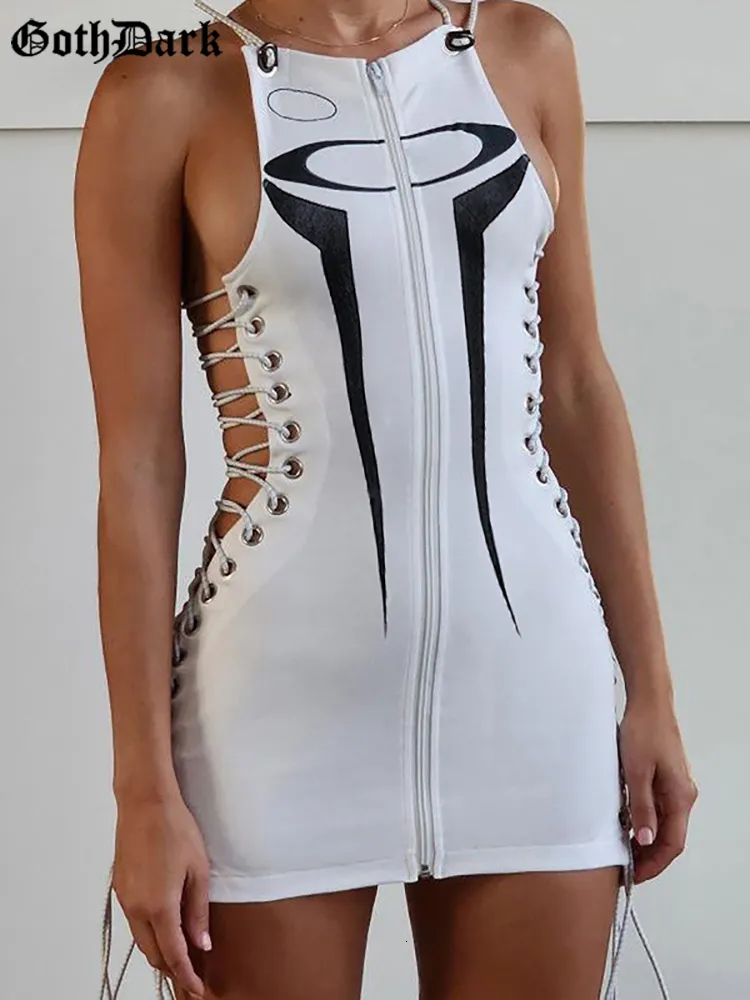 Casual Dresses Goth Gaun Mini Seksi Pakaian Teknologi Cyber ​​Y2K Balutan Gelap Wanita Perca Punk Gotik Jalan Sisi Berongga Pesta 230418
