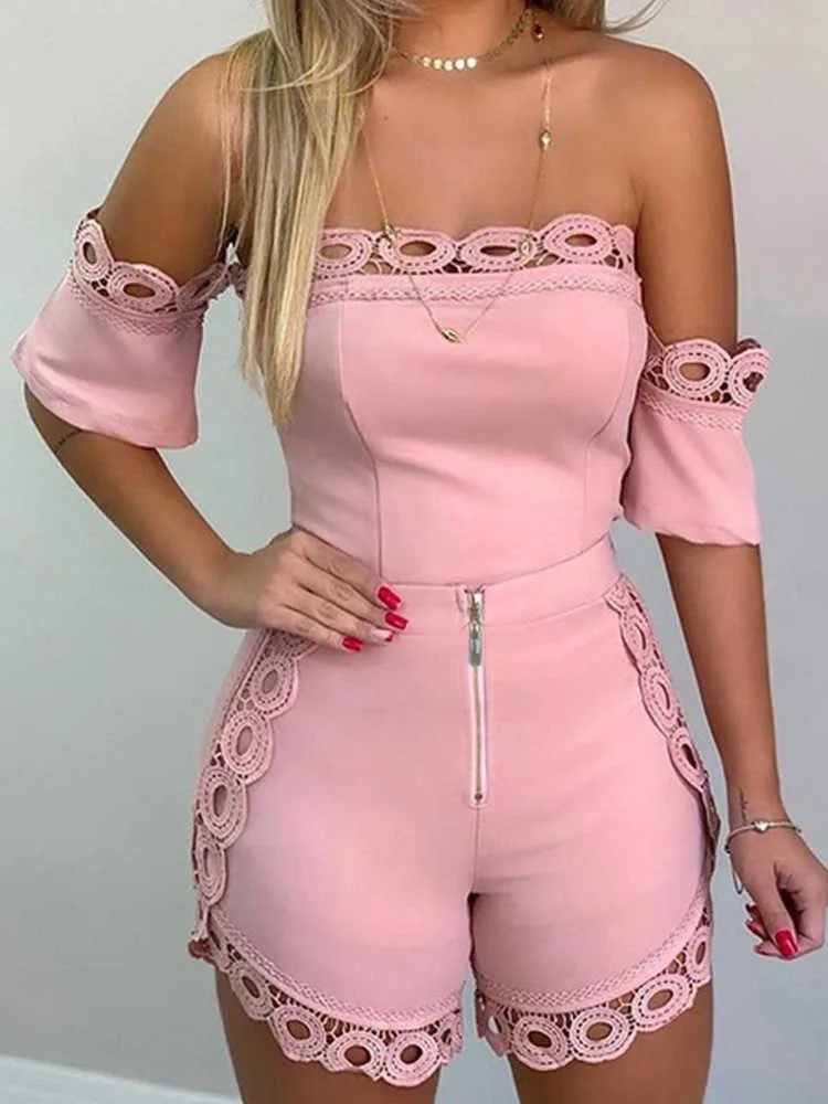 Women's Tracksuits Sexy Off Shoulder Hollow Out Lace Detail Two Pieces Set Short Sleeve Tops Zipper Fly Shorts Casual 2 Piece Outfits P230419