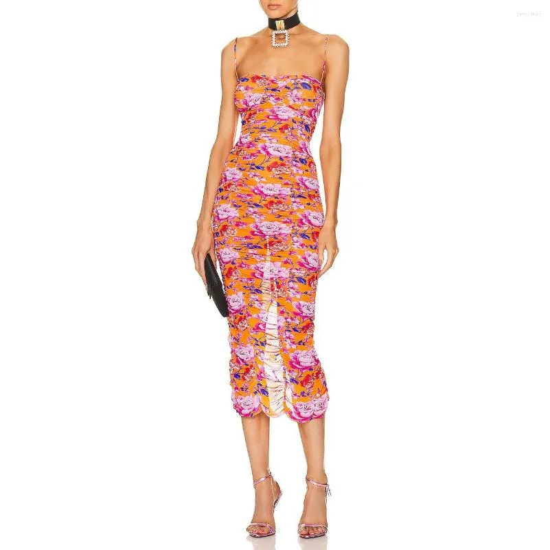 Casual Dresses Orange Pleated Print Stretch Mesh Long Dress Female Fashion Sexig ärmlös Slim Resort Style Bustier Halter 2023