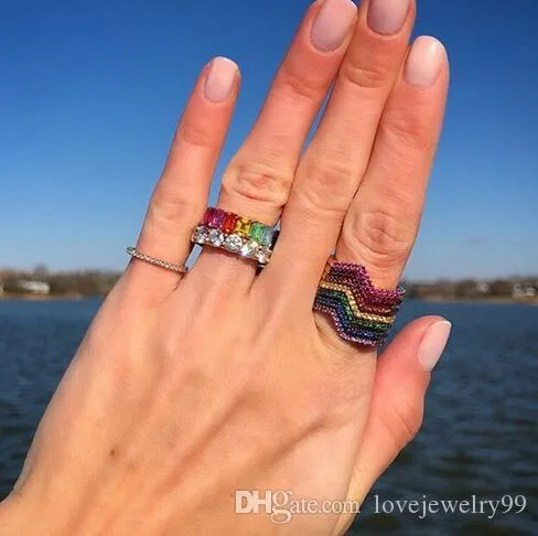 moda fedi nuziali gioielli arcobaleno piazza baguette CZ anello di fidanzamento per le donne colorato anello a fascia eternità con zirconi cubici