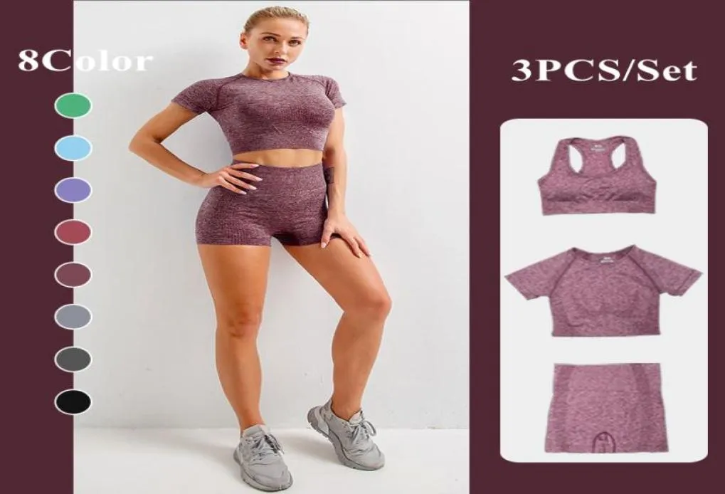 3PCS Bezproblemowe stroje Womenyoga Ubrania fitness sportowe Krótkie rękawowe Top Top High Tase Sports Suits i Bra Women TRAC2469335