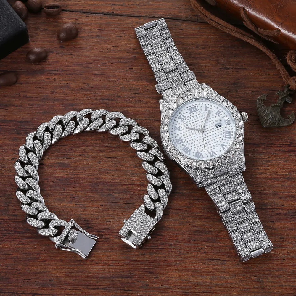 Punk Hip Hop Diamond Studded Chain Watch For Men Set A07582 230419