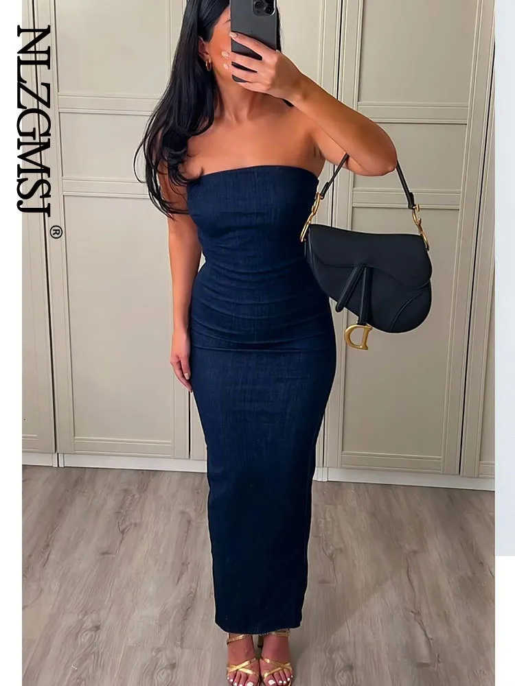 Vestidos casuais nlzgmsj sexy strapless backless zíper split festa azul denim feminino longo para mulheres roupas verão noite 230418