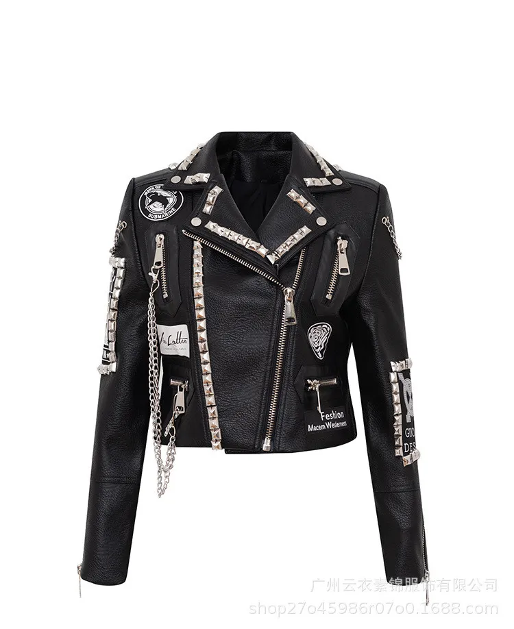 Women's Pu Leather Jackets Graffiti Floral Letter Print Punk Motorcycle Biker Zip Rivet Chains Waist Woman's Coats Contrast Color Outerwear MT-26957