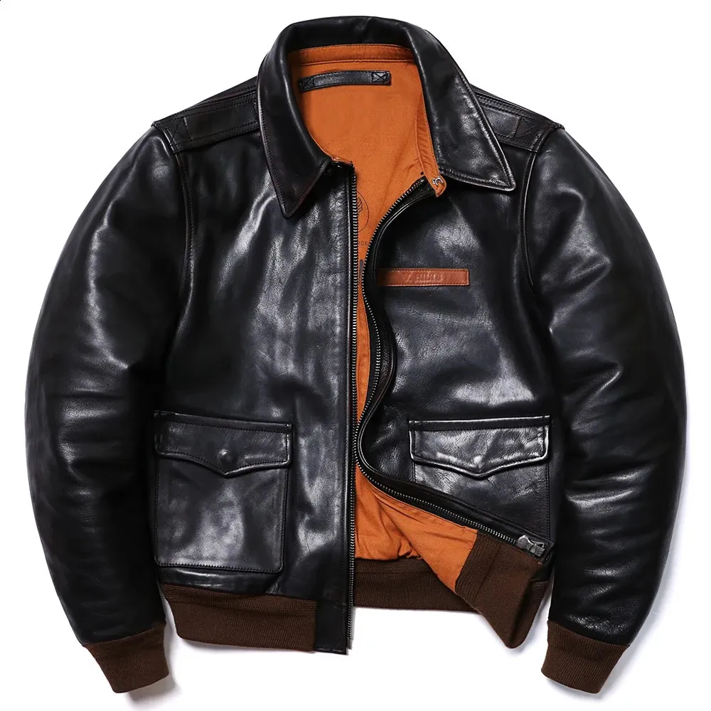 Chaqueta de piel de caballo bicolor de alta calidad tipo A2 clásica de imitación de cuero para hombre abrigo retro de motocicleta de Colth Vintage de la Fuerza Aérea genuina 231118