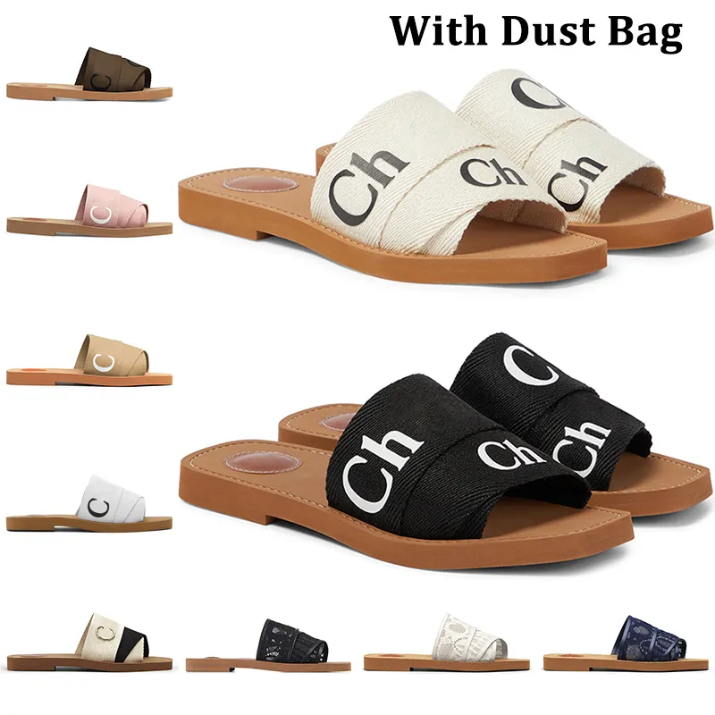 Zapatillas de madera de diseñador Sandalias para mujer Mulas Diapositivas planas Bronceado claro Beige Blanco Negro Rosa Letras de encaje Tela Lona para mujer Zapatos de verano al aire libre