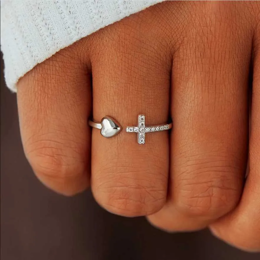 Band Ringe Kreuz Herz Pinky Ringe für Frauen niedlich versilbert Anillos ästhetisch verstellbar Zirkonia Modeschmuck Geschenk