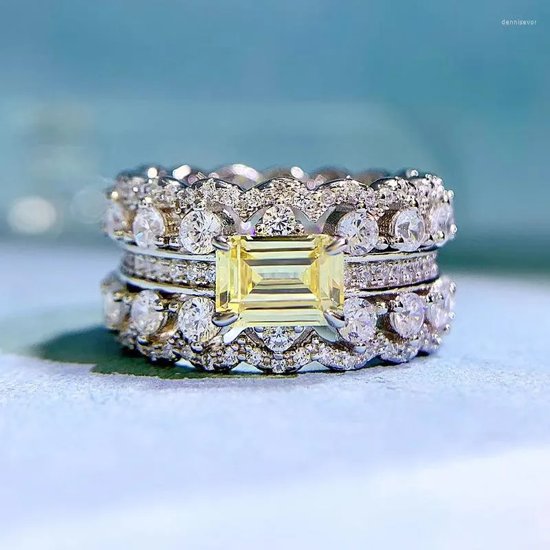 Cluster Rings Jewelry S925 Sterling Silver Hand Female Yellow Diamond Inlaid With Luxury Geometric Double Row Full Whole