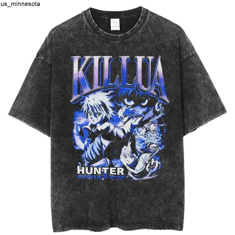 Men's T-Shirts Vintage Washed Tshirts for Men Hunter X Hunter Hxh Killua Anime Graphic T Shirt Women Harajuku Oversize Tee Cotton Streetwear J230419