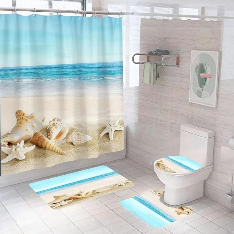 Douchegordijnen Ocean Beach Curtain Set Golven Barfish Conch Nature Scenery Badkamer Decor Tapijt Non-slip Rug Bad Mat Toiletdeksel Cover