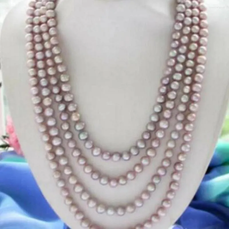 Chains Hand Knotted Necklace Natural 7-8mm White Lavender Freshwater Pearl Sweater Chain Nearly Round 100inch