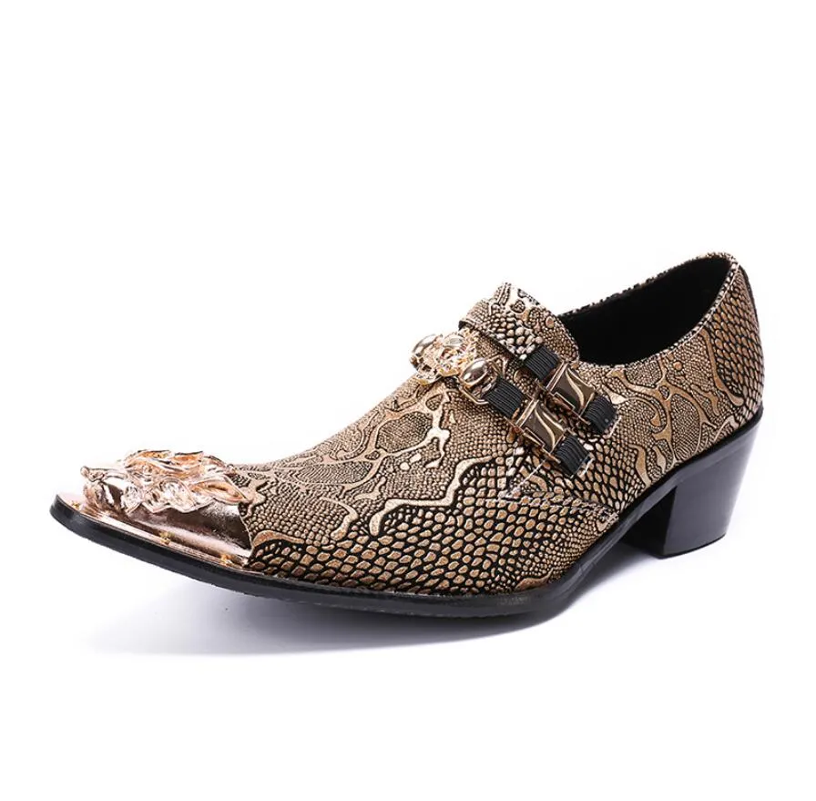Золотой металл заостренные пальцы кова кова кожа змей T Сценя обувь для мужчин мода Большой размер 38-46 джентльменные туфли обувь