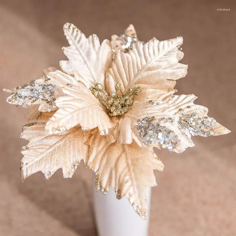 Decoratieve bloemen 25 cm Big Gold Glitter Kunstmatige kerstmas boom ornamenten vrolijke decoraties voor jaar geschenken navidad