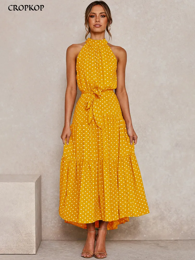 Robes décontractées Robe longue d'été à pois robes décontractées noir sexy licou sans bretelles jaune robe d'été vêtements de vacances pour les femmes 230419