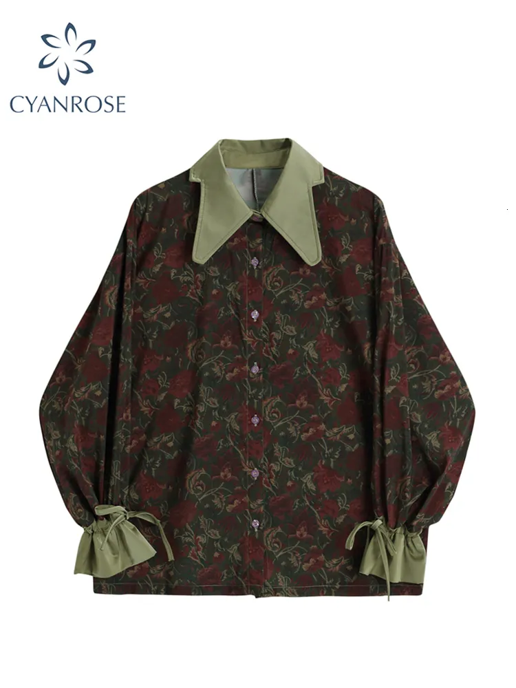 Jackets femininos Autumn estilo vintage impressão floral blusa solta camisa coreana casual manga longa ladras botões Bloups Tops 230419