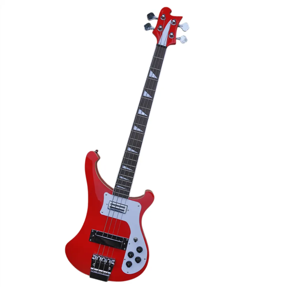 E-Bass mit 4 Saiten, glänzend rot, mit Korpusbindung aus Palisandergriffbrett. Angebot Logo/Farbe anpassen