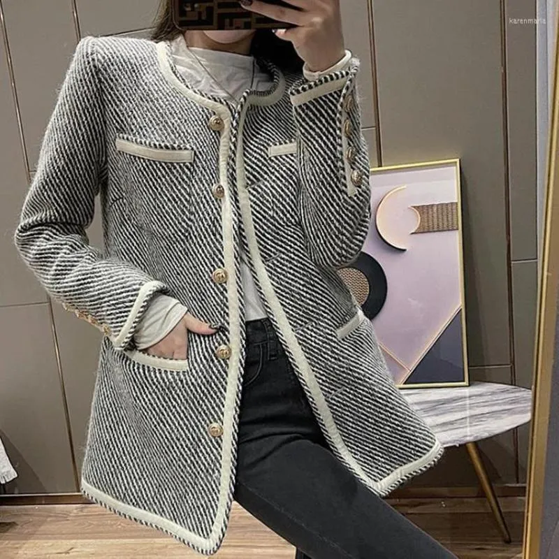 Women's Jackets French Style Autumn Black White Striped Jacket Women Single Breasted Loose Small Fragrance Outwear