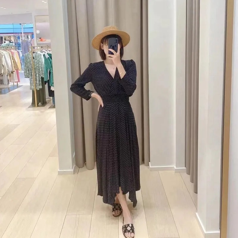 French Style Polka Dot Long Sleeve maje dress with V-neck for Women - Casual and Elegant
