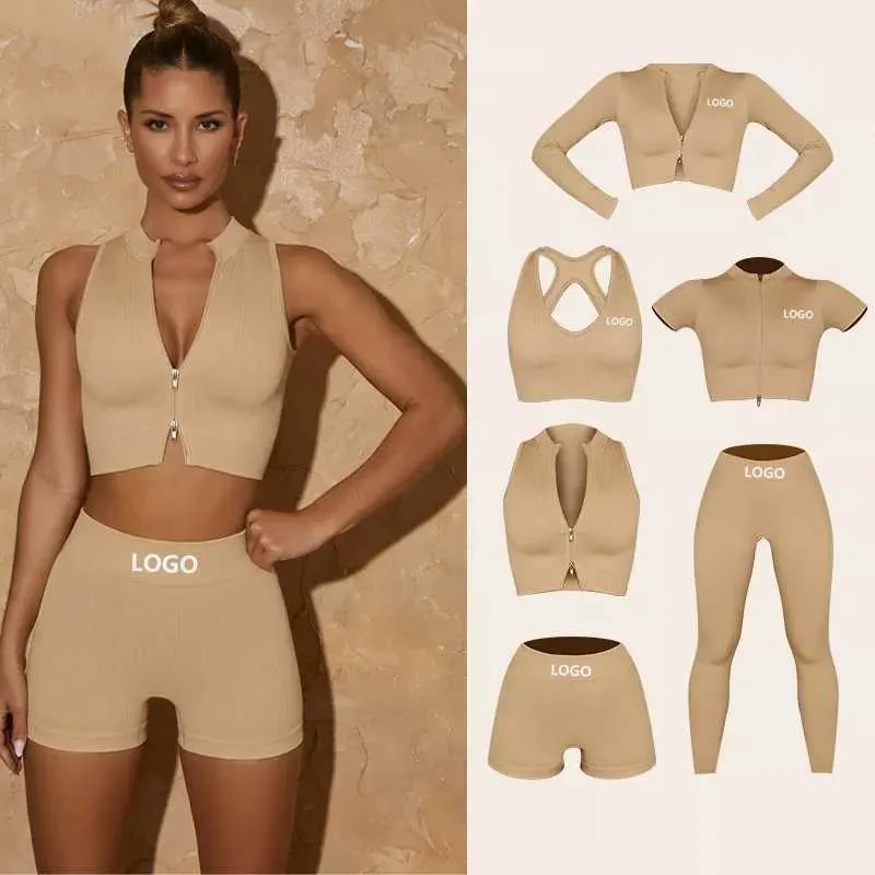 2023 Donne 6 Pezzi A Coste Yoga Set Cerniera Colore Naturale Tuta Activewear Jogger Senza Soluzione di Continuità Abbigliamento Sportivo Fitness Allenamento Palestra Abbigliamento