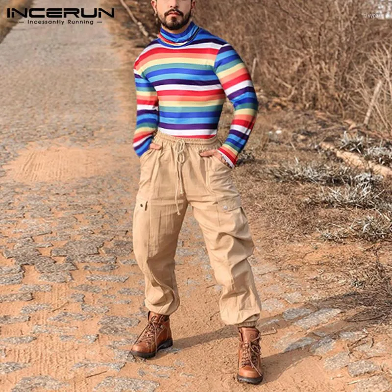 Men's T Shirts Fashion Colorful Striped Romper Tees INCERUN Long Sleeve Turtleneck Bodysuit T-Shirts Man Fitness Sexy Jumpsuit S-5XL