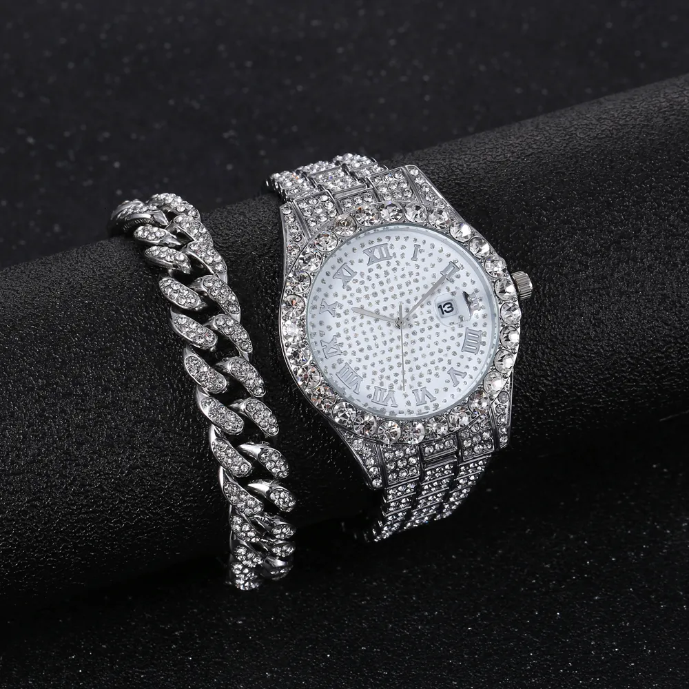 Punk Hip Hop Diamond Studded Chain Watch For Men Set A07582 230419 
