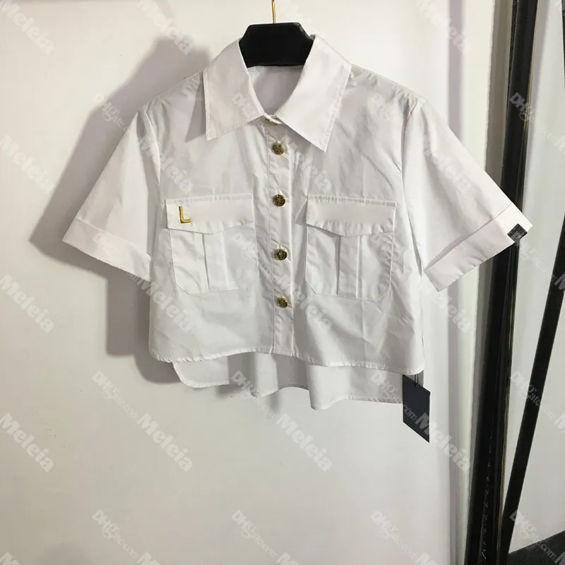 Letter Embroidery Women Shirts White Short Sleeve Blouses Lapel Neck Designer Tops with Gold Button