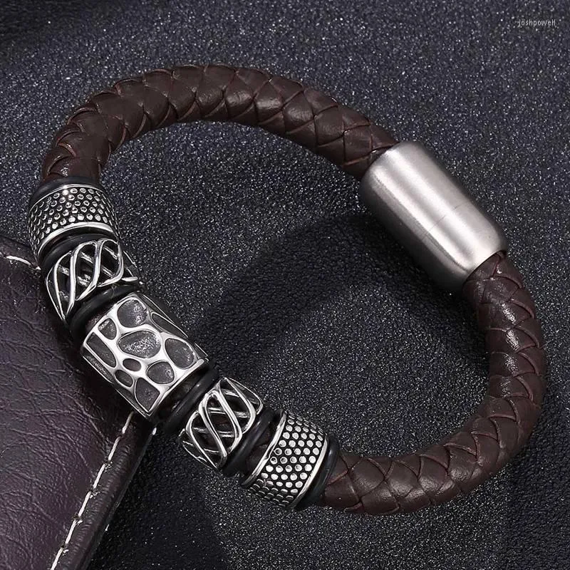 Bracelets porte-bonheur rétro bijoux masculins Bracelet en cuir tressé marron hommes en acier inoxydable boucle magnétique Punk corde main FR0151