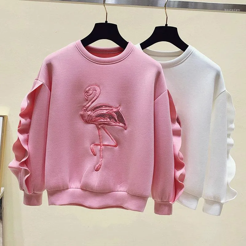 Sudaderas con capucha para mujer, jersey informal de manga larga, moda de estilo coreano, sudadera con bordado de animales, Tops rosas empalmados con volantes para otoño e invierno