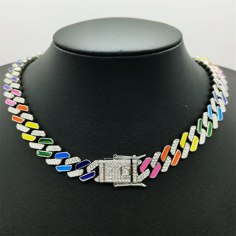 Halsband för herrkedja kubansk länk Guldkedjor Iced ut smycken diamantarmband 12mm diamant regnbåge man och kvinnlig hiphop