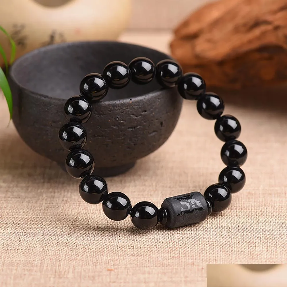 Beaded Crystal Obsidian Bracelet Strands Engrave With Dragon Or Phoenix Totem Cylinder Bead Men Women Natural Stone Chain Famous Fas Dhlma