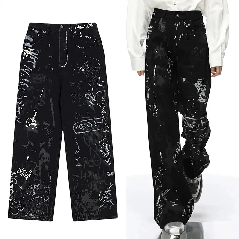 Jeans masculinos Harajuku Anime Graffiti Preto Solto Jeans Masculino Y2K Oversized Street Costume Rock Punk Oversized Calças de Perna Larga Bermudas Femininas 231118