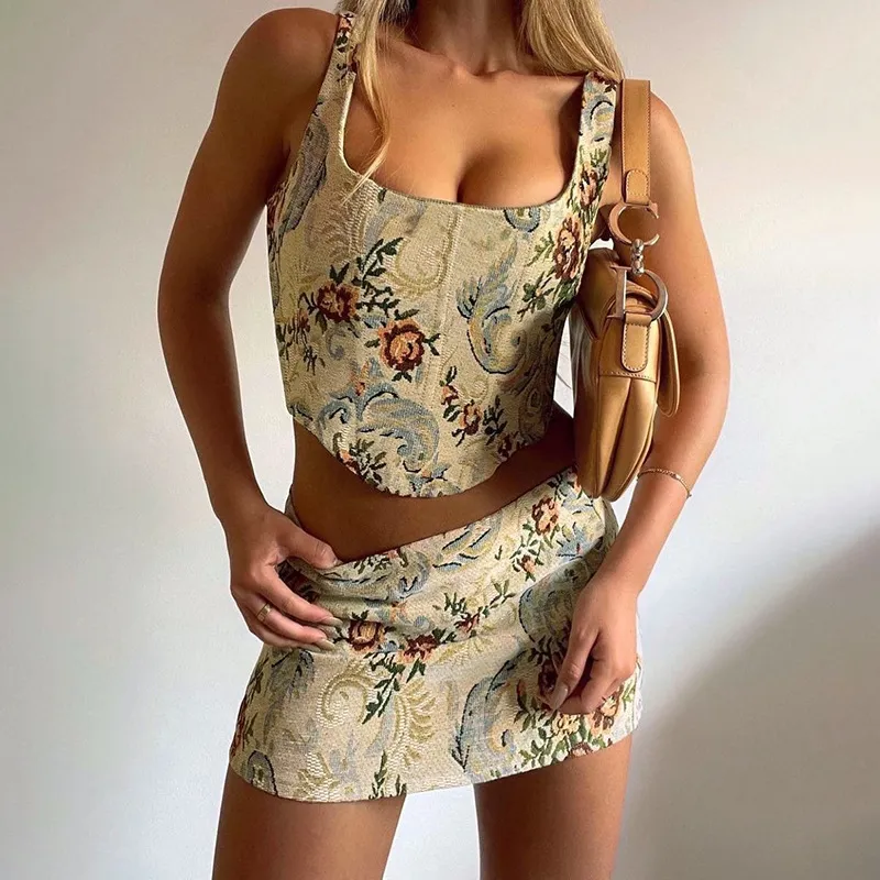 Two Piece Dress Women 2 Sweet Outfits Set Summer Sexy Sleeveless Crop Tank Top And High Waist Skirts Suit Party Streetwear