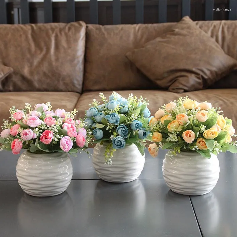 Decorative Flowers Artificial Blue Rose Potted Fake Plants Indoor Flower Decoration Desktop Ornaments Wedding Home Furnishings Decorations