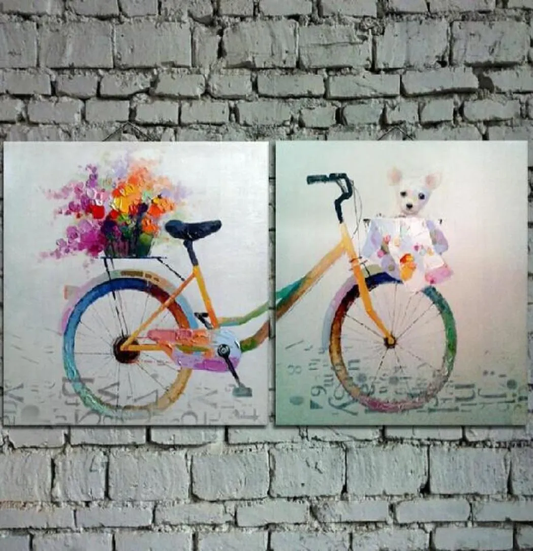 Peinture à l'huile de dessin animé peinte à la main sur toile, bel art de vélo avec des fleurs et un ours en peluche pour la décoration murale en Girl039s Ro5666358