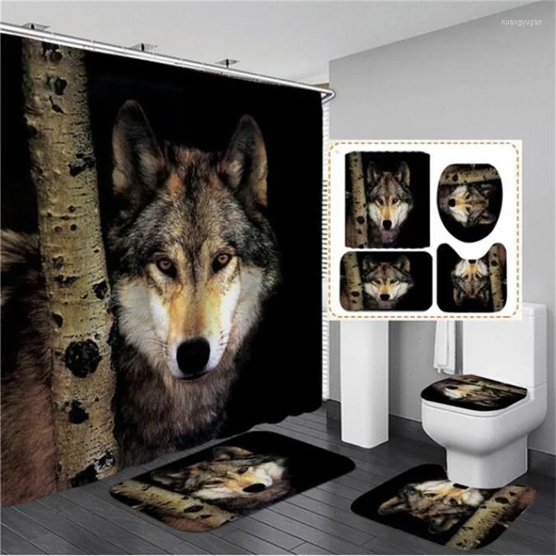 Rideaux de douche Wild Wolf Imprimé rideau forêt Forest Animal Salle de bain décor avec couvercle de toilette sans glissement.