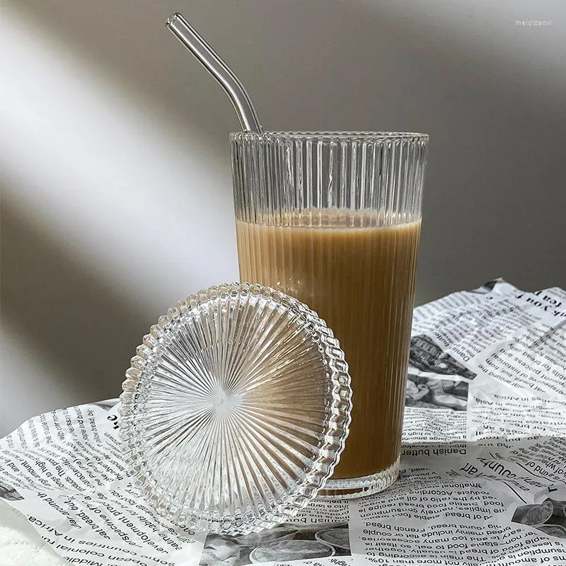 375Ml Coffee Mug Simple Stripe Glass Cup With Lid and Straw Transparent  Bubble Tea Cup Juice Glass Milk Mocha Breakfast Mug