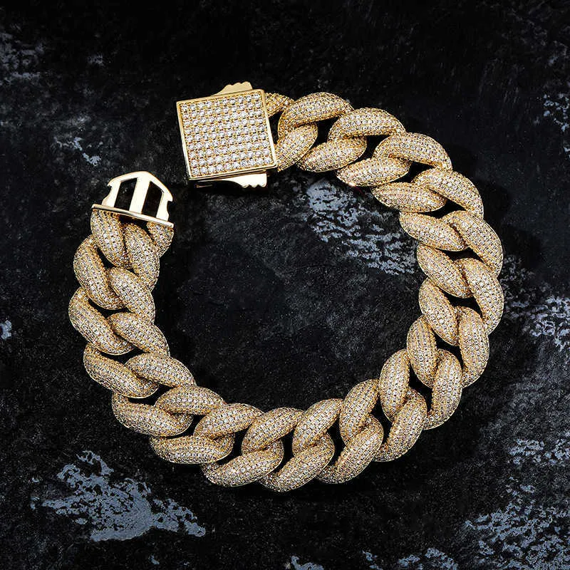 18mm Iced Out Cuban Link Chain Bracelet 14K Gold Plated Curb